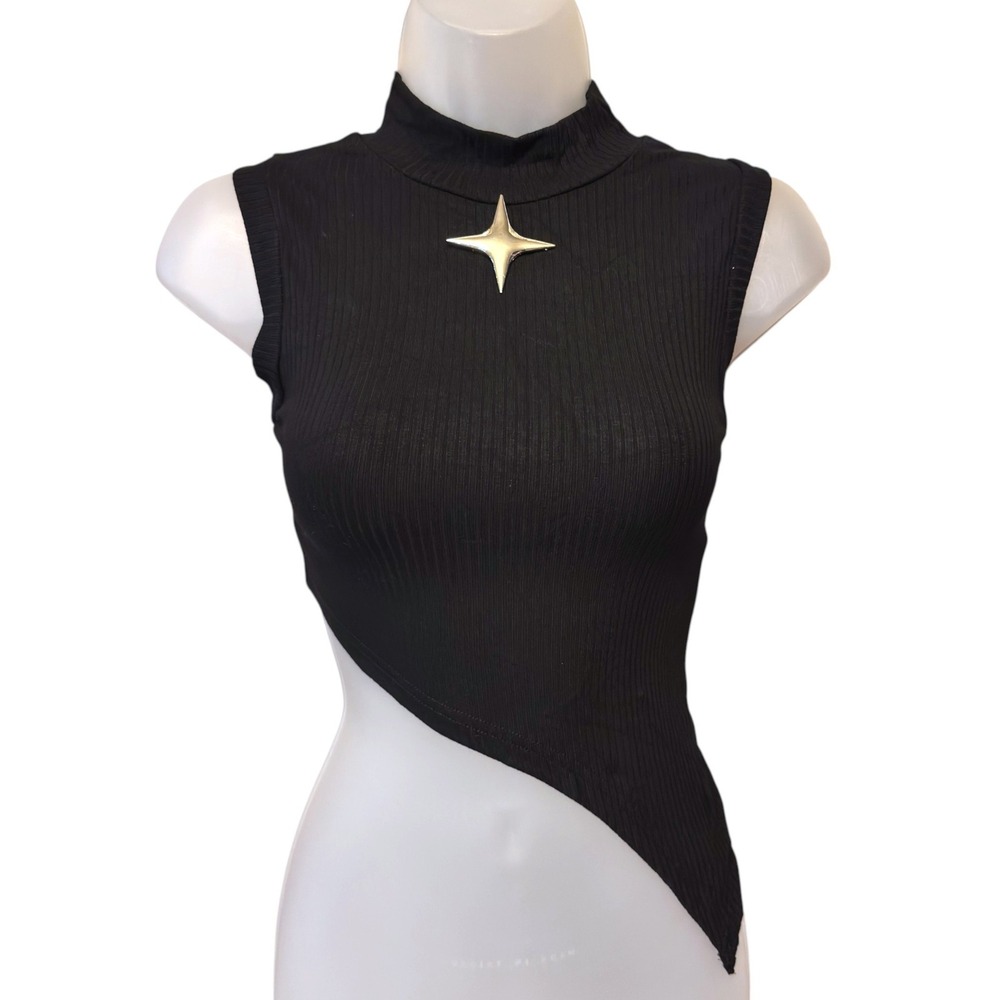 New Medium Black Star Asymmetrical Mock Neck Ribbed Tank Top Silver Starburst